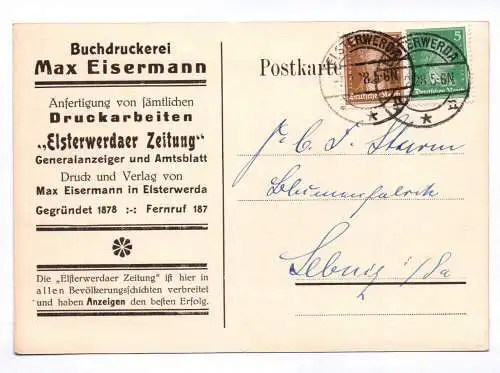 Elsterwerda Postkarte Buchdruckerei Max Eisermann Anfertigung Druckarbeiten 1928