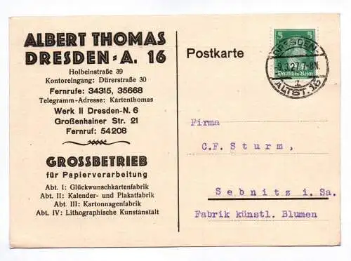 Postkarte Albert Thomas Dresden Grossbetrieb Papierverarbeitung 1927