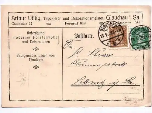 Postkarte Arthur Uhlig Tapezierer und Dekorationsmeister Glauchau in Sachsen 192