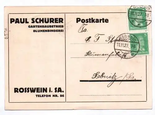 Postkarte Paul Schürer Gartenbaubetrieb Blumenbinderei 1927 Rosswein