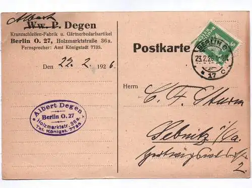 Postkarte Albert Degen Kranzschleifen Fabrik Gärtnereibedarfsartikel Berlin 1926