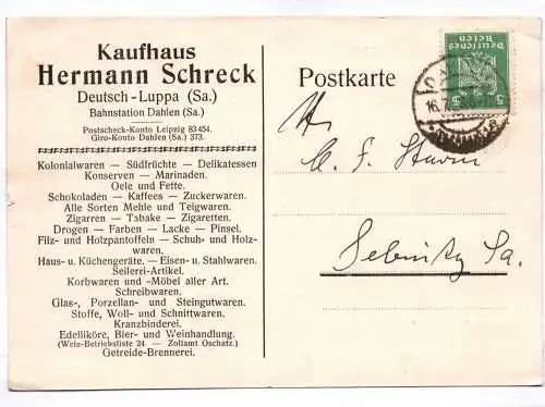 Postkarte Kaufhaus Hermann Schreck Deutsch Luppa Sachsen 1926