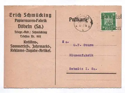 Postkarte Erich Schmücking Papierwaren Fabrik Döbeln Sachsen 1926