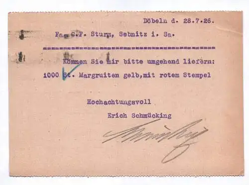 Postkarte Erich Schmücking Papierwaren Fabrik Döbeln Sachsen 1926