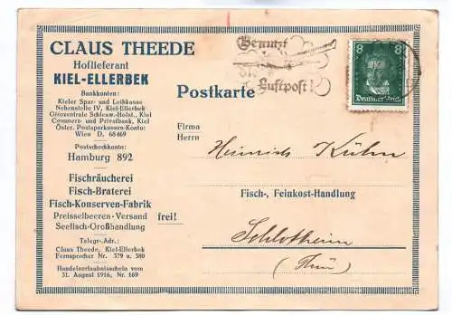 Postkarte Claus Theede Hoflieferant Kiel Ellerbek Fischräucherei 1928