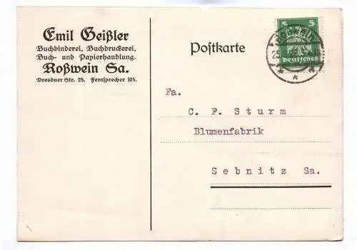 Postkarte Emil Geißler Buchbinderei Buchdruckerei Roßwein in Sachsen 1928