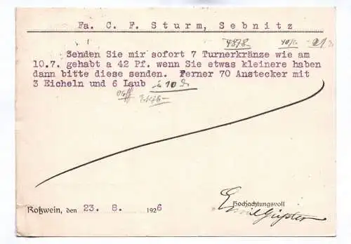 Postkarte Emil Geißler Buchbinderei Buchdruckerei Roßwein in Sachsen 1928