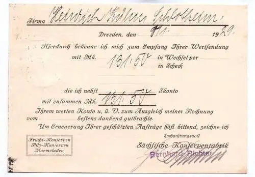 Postkarte Sächsische Konservenfabrik Bernhard Richter Dresden 1929