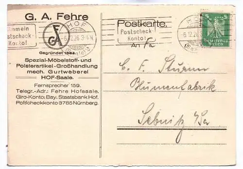 Postkarte G A Fehre Spezial Möbelstoff und Polsterartikel Großhandlung 1926 Hof