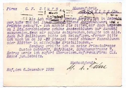 Postkarte G A Fehre Spezial Möbelstoff und Polsterartikel Großhandlung 1926 Hof