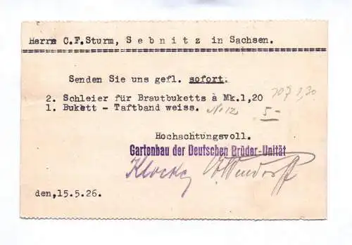 Postkarte Gartenbau der Deutschen Brüder Unität 1926