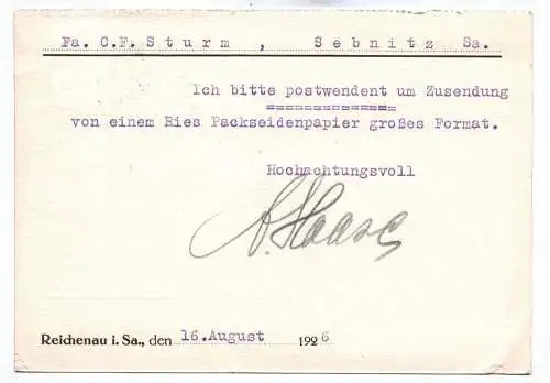 Postkarte Carl Haase Reichenau in Sachsen Spezialgeschäft Erdbeeren 1926