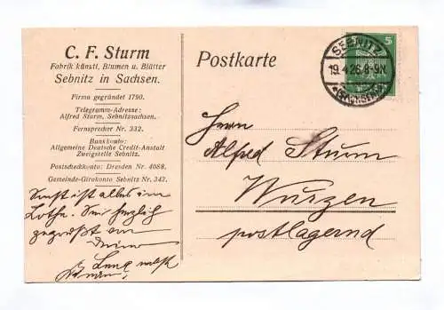 Postkarte C F Sturm Fabrik künstliche Blumen Sebnitz in Sachsen 1926