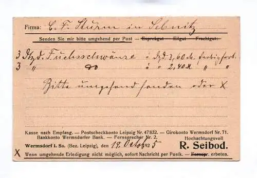 Postkarte R Seibod Buchhandlung Wermsdorf in Sachsen 1925