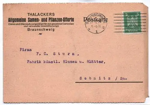 Postkarte Thalackers Allgemeine Samen und Pflanzen Offerte Braunschweig 1924