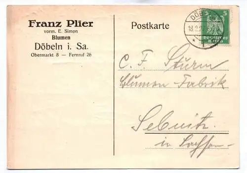 Postkarte Franz Plier Blumen Döbeln in Sachsen 1927