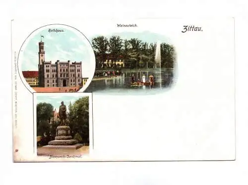 Litho Ak Zittau Rathaus Weinauteich Bismark Denkmal