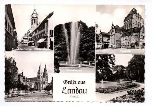 Ak Grüße aus Landau Springbrunnen Goethepark Marienkirche 1963