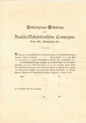 Dokument Deutsch Westafrikanische Kompagnie Berlin Beteiligung Erklärung 1880er