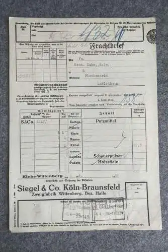 Frachtbrief Wittenberg Siegel und Co nach Schlotheim 1929