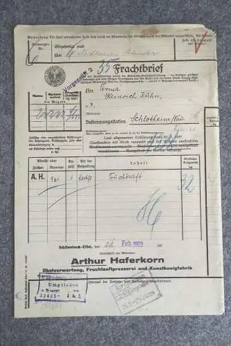 Frachtbrief Schönebeck Elbe Arthur Haferkorn nach Schlotheim 1929