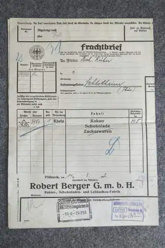 Frachtbrief Pößneck Robert Berger nach Schlotheim 1928