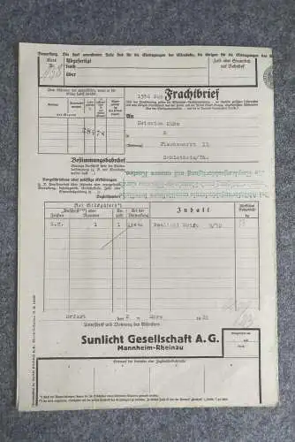 Frachtbrief Mannheim Rheinau Sunlicht Gesellschaft nach Schlotheim 1929