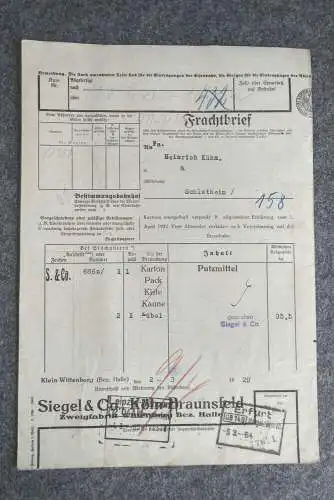 Frachtbrief Braunsfeld Siegel und Co nach Schlotheim 1929