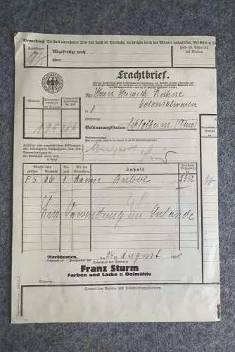 Frachtbrief Nordhausen Franz Sturm nach Schlotheim 1928