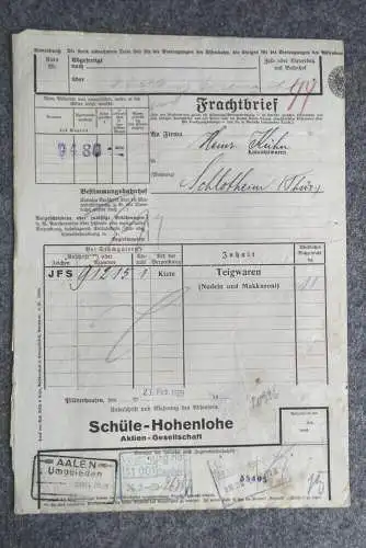 Frachtbrief Plüderhausen Schüle Hohenlohe nach Schlotheim 1929