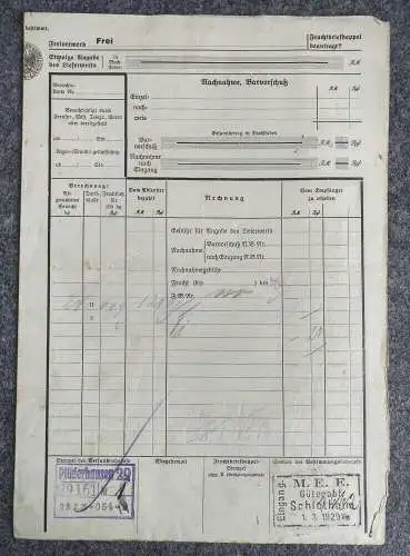 Frachtbrief Plüderhausen Schüle Hohenlohe nach Schlotheim 1929