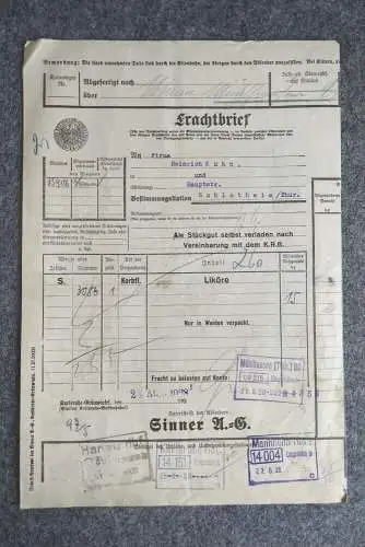 Frachtbrief Ginner UG Karlsruhe nach Schlotheim 1928