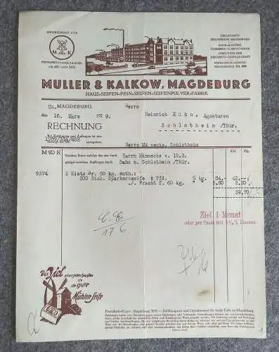 Rechnung Müller und Kalkow Magdeburg Seifen Seifenpulver Fabrik 1929