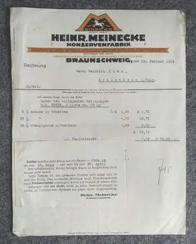 Rechnung Heinrich Meinecke Konservenfabrik Braunschweig 1929