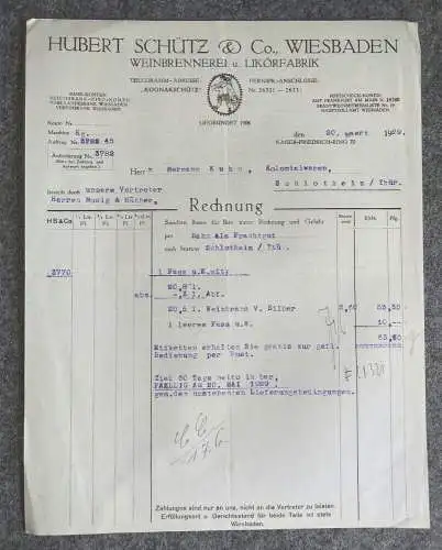 Rechnung Hubert Schütz und Co Wiesbaden Weinbrennerei 1929