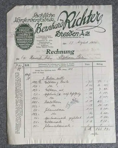 Rechnung Sächsische Konservenfabrik Bernhard Richter Dresden 1928