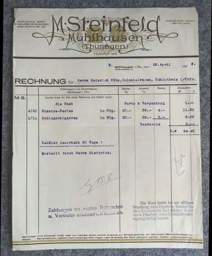 Rechnung M Steinfeld Mühlhausen Thüringen 1928