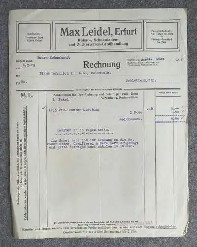 Rechnung Max Leidel Erfurt Kakao Schokoladen Zuckerwaren Grosshandlung 1929