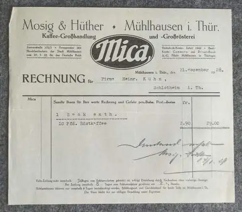 Rechnung Mosig Hüther Mühlhausen in Thüringen Kaffee Großrösterei 1928