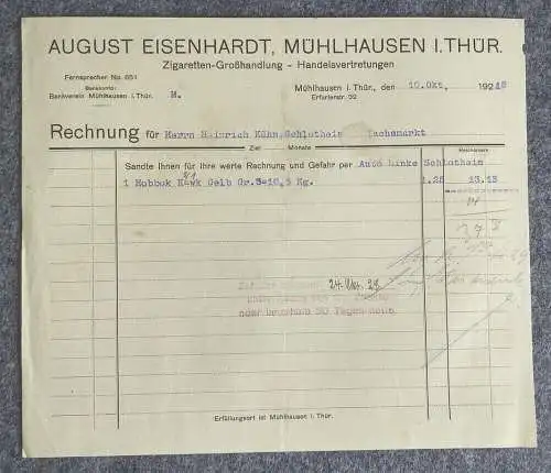 Rechnung August Eisenhardt Mühlhausen in Thüringen Zigaretten Großhandlung 1928