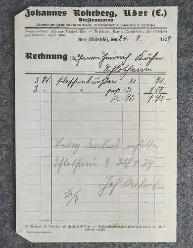 Rechnung Johannes Rohrberg Uder Bürstenwaren 1928