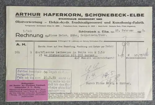 Rechnung Arthur Haferkorn Schönebeck Elbe 1929 Obstverwertung