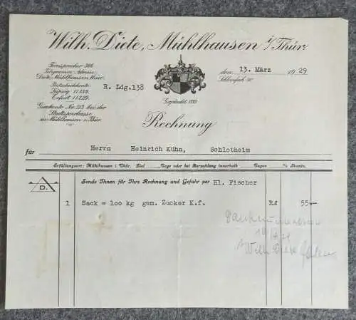 Rechnung Wilhelm Diete Mühlhausen in Thüringen 1929