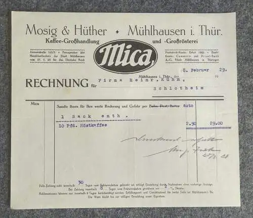 Rechnung Mosig und Hüther Mühlhausen 1929 Großhandlung Rösterei Mica