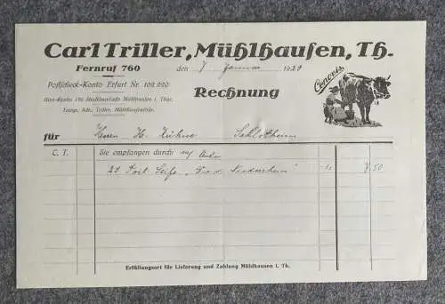 Rechnung Carl Triller Mühlhausen Thüringen 1929