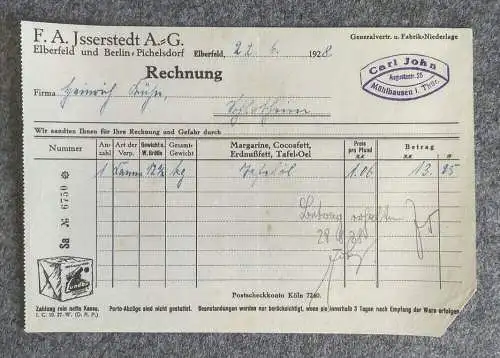 Rechnung F A Isserstedt AG 1928 Elberfeld