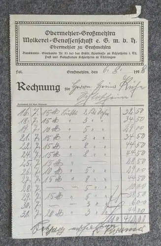 Rechnung Obermehler Großmehlra Molkerei Genossenschaft e GmbH 1928