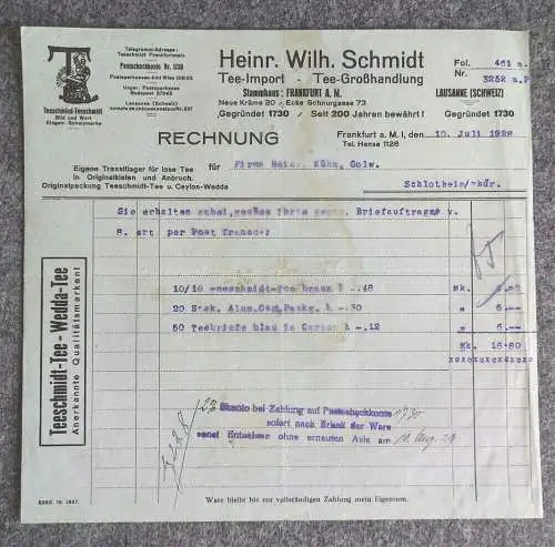 Rechnung Heinrich Wilhelm Schmidt Tee Import Großhandlung 1928