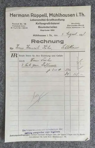 Rechnung Hermann Rüppell Mühlhausen Lebensmittel Großhandlung 1928