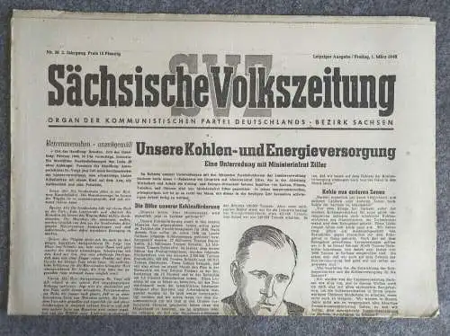 Sächsische Volkszeitung Unsere Kohle und Energieversorgung 1946 KPD Nr 50